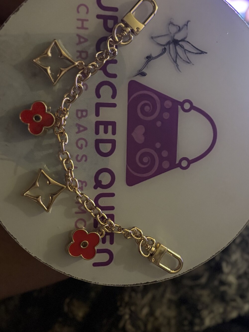 Gold Chain Charm Bracelet/bag charms with Red Flower Charms